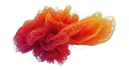 highly complex 3d amorphous volumetric mesh structure glowing with fiery orange, crimson, and gold luminous lines against a dark void, dynamic conceptual data flow visualization