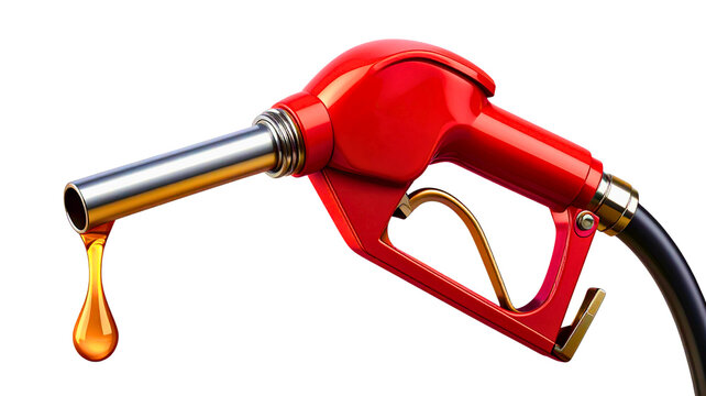 Red gas pump nozzle with a drop of fuel isolated on transparent background