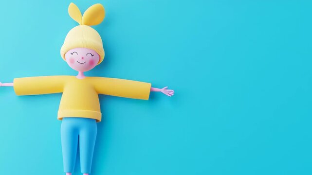 Cheerful cartoon style character with yellow hat, blue pants, smiling face, pink skin spreading