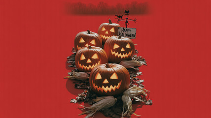 Halloween pumpkins with faces shine bright in the dark night with a sign that says Happy Halloween in the background