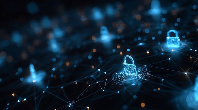 Glowing digital padlocks floating over a network of interconnected points, symbolizing cybersecurity