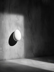 A minimalist white egg floating against a textured wall. AI-generated.