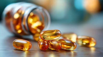 Isolated omega 3 fish oil capsules, dietary supplement visualization, nutritional enhancement concept, health wellness representation, pharmaceutical product aesthetic, essential f