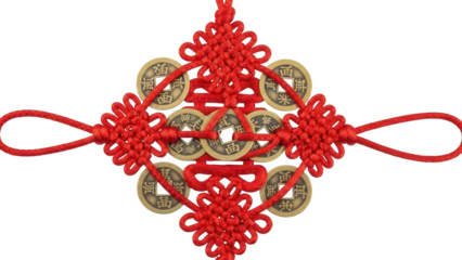 Traditional red chinese knot decoration woven with seven antique coins symbolizing eternal wealth and boundless prosperity isolated on transparency