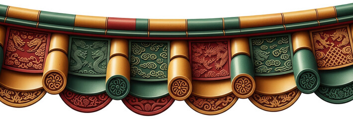 Colorful asian temple roof ridge with ornate green gold and red decorative tile patterns