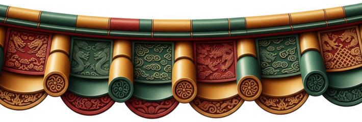 Colorful asian temple roof ridge with ornate green gold and red decorative tile patterns