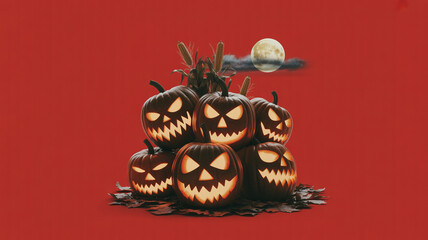 Pumpkins stacked in a spooky display under a full moon with a red background