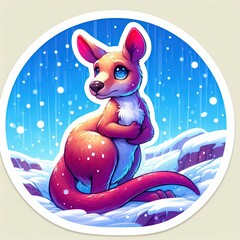 Cute baby kangaroo character in winter snow scene with gradient pink and purple colors round sticker design with white border