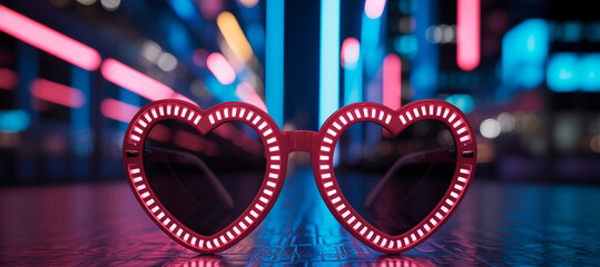 Heart-shaped sunglasses sit on a table with colorful lights in the background during the night