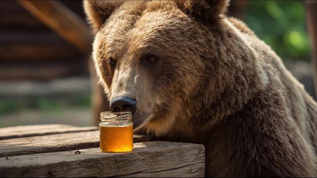 A large brown bear sniffs a small glass jar filled with honey on a wooden surface outdoors