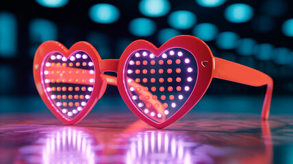 Heart-shaped glasses with LED lights on a table in a lively setting at night