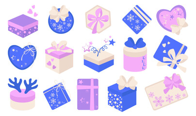 Festive set of gift boxes in various shapes, colors, decorations. Choose from variety of models, including side, top, corner views. Various packaging shapes include round, square, and heart-shaped box