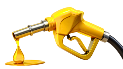 Isolated fuel dispenser nozzle, petrol flowing into drop for gas station refueling car tank