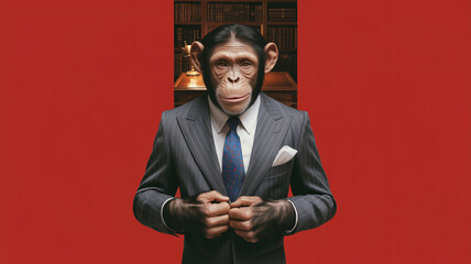 Monkey dressed in a suit stands confidently in front of a red background with a library setting behind
