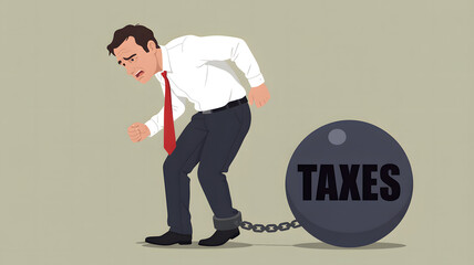 A businessman struggling with the heavy burden of taxes symbolized by a large chained ball