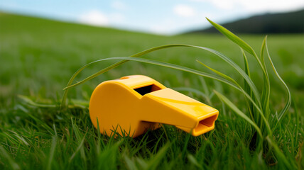 Yellow whistle rests on green grass in a field under a blue sky with clouds during daytime