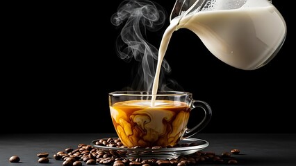 Creamy milk being poured into a cup of coffee