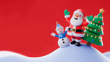 Christmas scene with Santa, a snowman, and a Christmas tree on a snowy hilltop against a bright red background