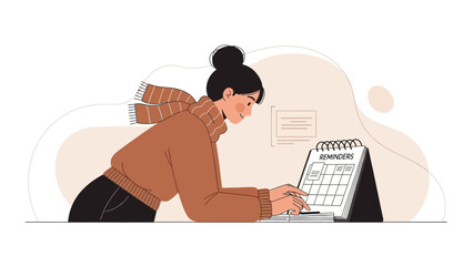 Woman planning reminders on calendar, organizing schedule, business planning