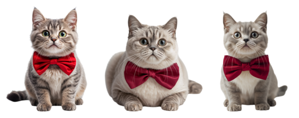 Adorable cat  with a silk bow on his neck isolated on transparent background