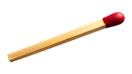 Red tipped matchstick isolated PNG on transparent background, single wooden match for lighting fire and starting campfire