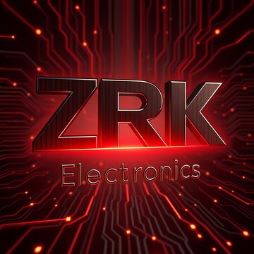 Futuristic 3D ZRK Electronics Logo with Glowing Red Circuit Board Background and Data Light Trails
