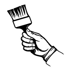 Black silhouette icon of a hand holding a paint brush, isolated without background.