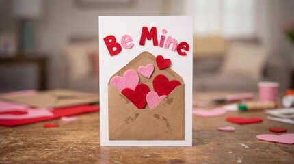 Handmade valentine greeting card with felt hearts, brown envelope bursting with love symbols, be mine text, diy craft concept on wooden table, romantic holiday celebration, blurred background.
