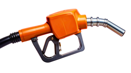 Modern orange and silver fuel nozzle with black grip and hose detail isolated on transparent background