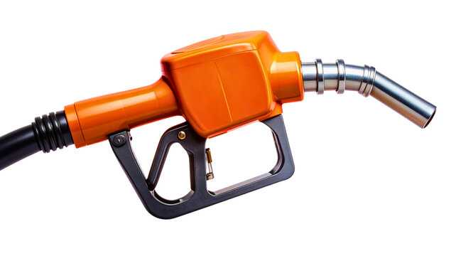 Modern orange and silver fuel nozzle with black grip and hose detail isolated on transparent background