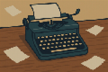 Vintage Typewriter on Wooden Desk with Loose Paper Halftone Retro Illustration