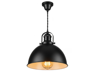 Black pendant light fixture with illuminated bulb isolated on transparent background
