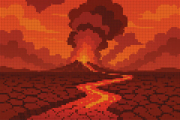 Fiery Landscape with Cracked Earth and Flowing Lava Halftone Style Illustration