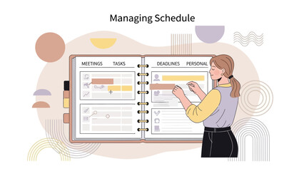 Woman organizing schedule in planner with meetings, tasks, deadlines, personal goals