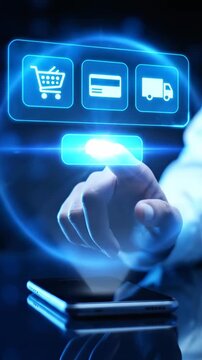 Exploring the Digital Marketplace: A Close-Up of a Hand Preparing for Online Shopping with Payment and Delivery Icons Displayed on a Touchscreen Device