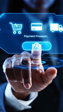 A confident business professional interacting with advanced technology to approve a transaction, showcasing modern professionalism and digital engagement in a sleek environment.