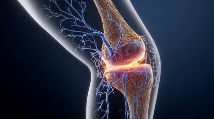 Anatomical illustration of a human knee joint, showcasing bone and vascular structure