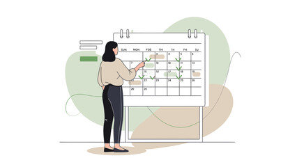 Woman planning on calendar, business schedule, time management concept, flat design
