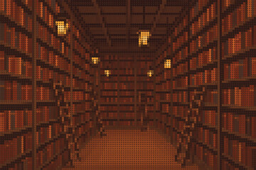 Endless Library Shelves with Ladders and Warm Lamps Halftone Illustration