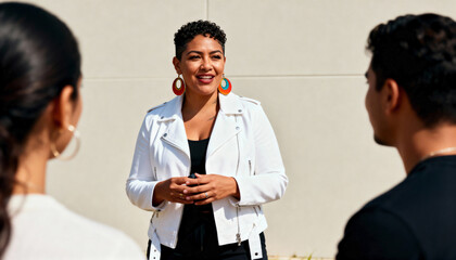 Confident business woman speaking to her team during an outdoor meeting. Professional female leader mentoring colleagues