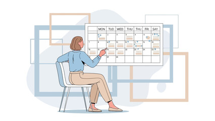 Woman plans schedule on calendar, time management, organization, planning concept