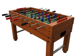 Wooden foosball table with red and blue players
