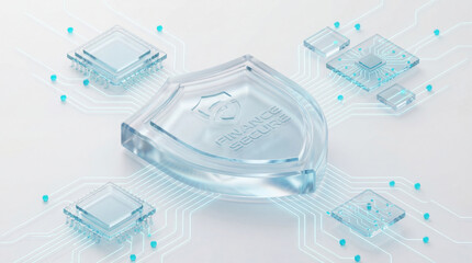 3D glass shield labeled "Finance Secure" is surrounded by glowing microchips and data lines, representing cybersecurity in digital financial systems.