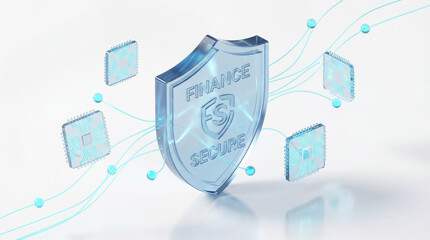 3D glass shield labeled “Finance Secure” surrounded by connected microchips, symbolizing digital protection, cybersecurity, and secure financial technology systems.