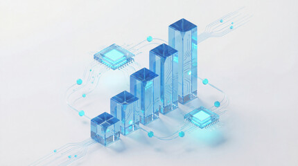 Futuristic 3D glass bar chart linked with microchips and data lines, symbolizing digital finance, data growth, and technological analytics.
