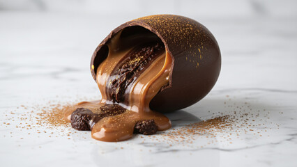 Delicious chocolate treat with gooey caramel filling on white marble surface