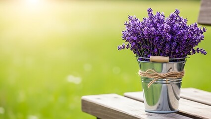 Lavender flowers in metal pot on wooden table in sunny landscape  