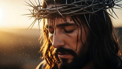 Man with crown of thorns looking down in sunset light  