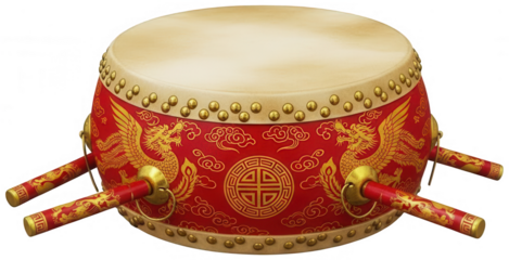 traditional chinese drum with golden dragon design and drumsticks, isolated on transparent background