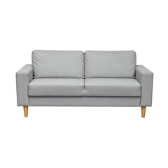 Fototapeta premium Modern Light Grey Two-Seater Fabric Sofa with Wooden Legs Isolated on White
